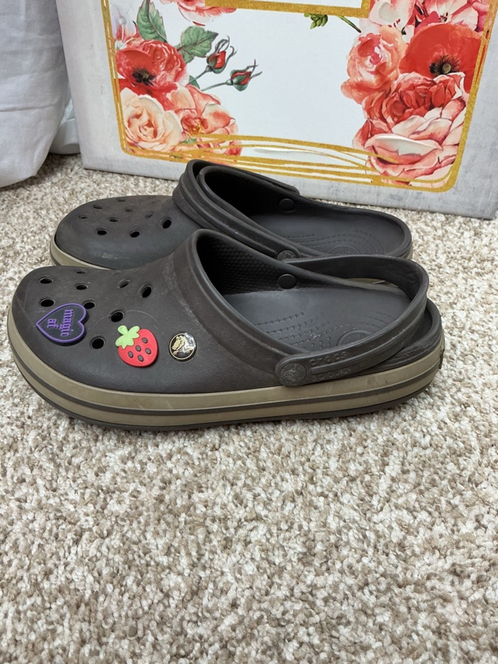 CROCS Brown and Tan Clog with Fruit & Charm Jibbitz